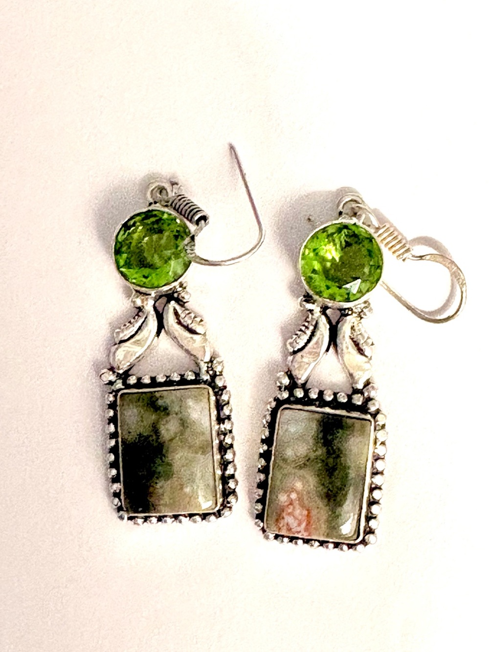 Beautiful, 2 inch, 925 marked, Ocean Jasper and Peridot earrings.